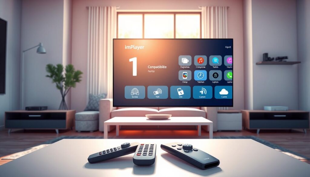 A sleek, modern living room featuring a large smart TV displaying the ImPlayer interface on its screen, showcasing various device compatibility icons such as smartphones, tablets, and laptops. In the foreground, a pair of elegant remote controls lie on a stylish coffee table. The middle area includes a comfortable sofa and a well-placed bookshelf with tech gadgets. The background showcases a large window letting in soft, natural light, creating a warm and inviting atmosphere. The scene is shot from a slightly elevated angle to capture the layout effectively, emphasizing the seamless integration of technology in home entertainment. Utilize a bright, airy color palette with dynamic lighting to evoke a sense of modernity and accessibility. A sleek, modern living room featuring a large smart TV displaying the ImPlayer interface on its screen, showcasing various device compatibility icons such as smartphones, tablets, and laptops. In the foreground, a pair of elegant remote controls lie on a stylish coffee table. The middle area includes a comfortable sofa and a well-placed bookshelf with tech gadgets. The background showcases a large window letting in soft, natural light, creating a warm and inviting atmosphere. The scene is shot from a slightly elevated angle to capture the layout effectively, emphasizing the seamless integration of technology in home entertainment. Utilize a bright, airy color palette with dynamic lighting to evoke a sense of modernity and accessibility.