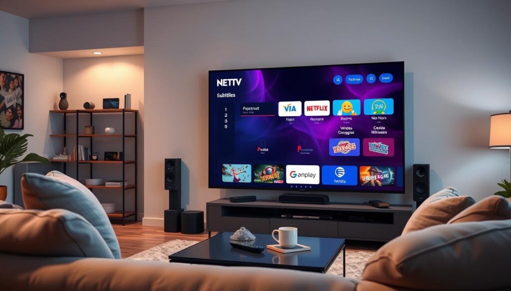 A sleek, modern living room featuring a large smart TV displaying the NET IPTV interface with a vivid display of subtitles being generated for different languages in a well-organized manner. In the foreground, a comfortable couch with soft cushions, a coffee table adorned with a remote control, and a few decorative items. In the middle ground, the TV wall mount and wireless speakers create a tech-savvy atmosphere. The background shows a stylish bookshelf with various smart home devices and a soft lamp providing a warm glow. The scene is illuminated with soft, diffused lighting that creates a cozy and inviting mood, emphasizing the integration of technology into everyday life. The perspective is slightly angled to capture both the TV and the inviting ambience of the living space.