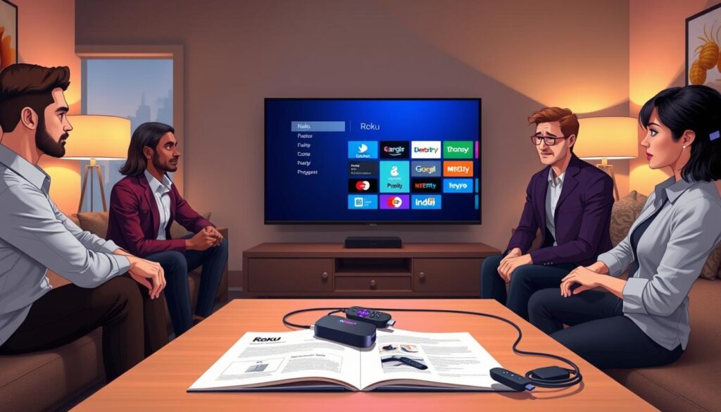 A sleek, modern living room setting with a smart TV displaying the Roku interface on the screen, showcasing the installation process of IPTVnator. In the foreground, a diverse group of two individuals—one male and one female—are focused on setting up the Roku device, dressed in smart casual attire. The middle ground features a neatly organized coffee table with an opened instruction manual, a Roku device, and various cables, illuminated by soft, warm lighting to create an inviting atmosphere. The background should include a cozy sofa and tasteful decor, emphasizing a high-tech yet homely feel. Capture the scene from a slight overhead angle, ensuring clarity and depth, while maintaining a professional and instructional mood.