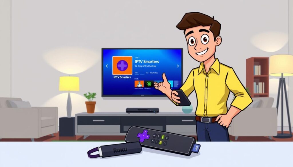 A sleek modern living room showcasing a Roku device set up on a stylish entertainment center. In the foreground, focus on a person dressed in smart casual attire, demonstrating the installation of IPTV Smarters on the Roku. The individual is holding a remote control, looking engaged and focused. In the middle ground, the Roku interface is displayed on a large flat-screen TV, vibrant and colorful, featuring the IPTV Smarters app icon. The background features soft ambient lighting from lamps, creating a cozy atmosphere, with hints of home decor like plants and bookshelves, contributing to a welcoming space. The image conveys a tutorial vibe, emphasizing clarity and approachability in the installation process.
