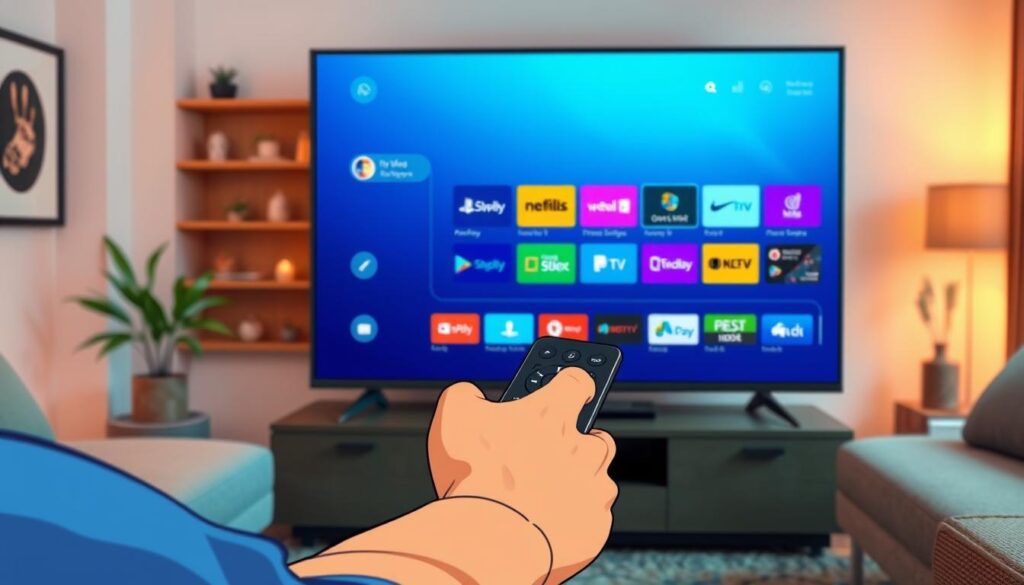 A sleek, modern user interface of the Ibo Pro Player displayed on a high-resolution smart TV screen. In the foreground, a close-up view of a user interacting with the remote control, showcasing ergonomic design. In the middle, the vibrant interface with colorful icons and organized menu options, highlighting key features like streaming services, device settings, and user customization. The background features a cozy living room environment, softly illuminated by warm ambient lighting. The scene captures a sense of comfort and modern technology, emphasizing innovation and user-friendliness. Use a wide-angle perspective to convey depth, ensuring clarity in both the UI and the surrounding decor, creating an inviting atmosphere. A sleek, modern user interface of the Ibo Pro Player displayed on a high-resolution smart TV screen. In the foreground, a close-up view of a user interacting with the remote control, showcasing ergonomic design. In the middle, the vibrant interface with colorful icons and organized menu options, highlighting key features like streaming services, device settings, and user customization. The background features a cozy living room environment, softly illuminated by warm ambient lighting. The scene captures a sense of comfort and modern technology, emphasizing innovation and user-friendliness. Use a wide-angle perspective to convey depth, ensuring clarity in both the UI and the surrounding decor, creating an inviting atmosphere.