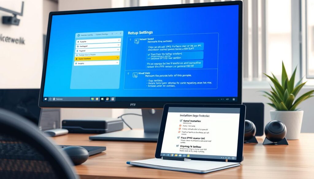 A sleek, modern workspace featuring a Windows PC with a high-resolution display showing an IPTV setup interface. In the foreground, focus on the computer with vibrant visuals of IPTV settings and requirements like network speed and hardware specifications. In the middle, include a notepad with technical notes and a digital tablet displaying a checklist of installation steps prominently. In the background, arrange elements like an organized desk, a stylish potted plant, and a few tech gadgets to create a professional atmosphere. Soft, natural lighting illuminates the scene, giving it a warm, inviting feel. The perspective is slightly angled to showcase the computer screen and the array of tools, emphasizing clarity and functionality in a modern office setting.