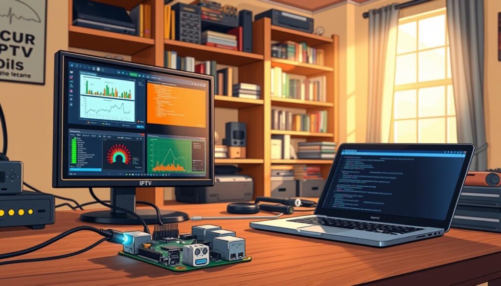 A technical workspace featuring a Raspberry Pi setup for IPTV troubleshooting. In the foreground, a desktop with a Raspberry Pi connected to a TV display, showcasing various troubleshooting screens and graphs. Include a multi-colored LED indicator light on the Pi, glowing softly to signify activity. The middle area shows a cozy room with shelves filled with tech books and tools, while a laptop is slightly open, displaying system logs. The background includes a window with natural light streaming in, casting soft shadows across the scene. Use warm lighting to create an inviting atmosphere, and depict the image from a slightly elevated angle to give a comprehensive view of the setup. Ensure all items are neatly arranged, conveying a sense of professionalism and focus.