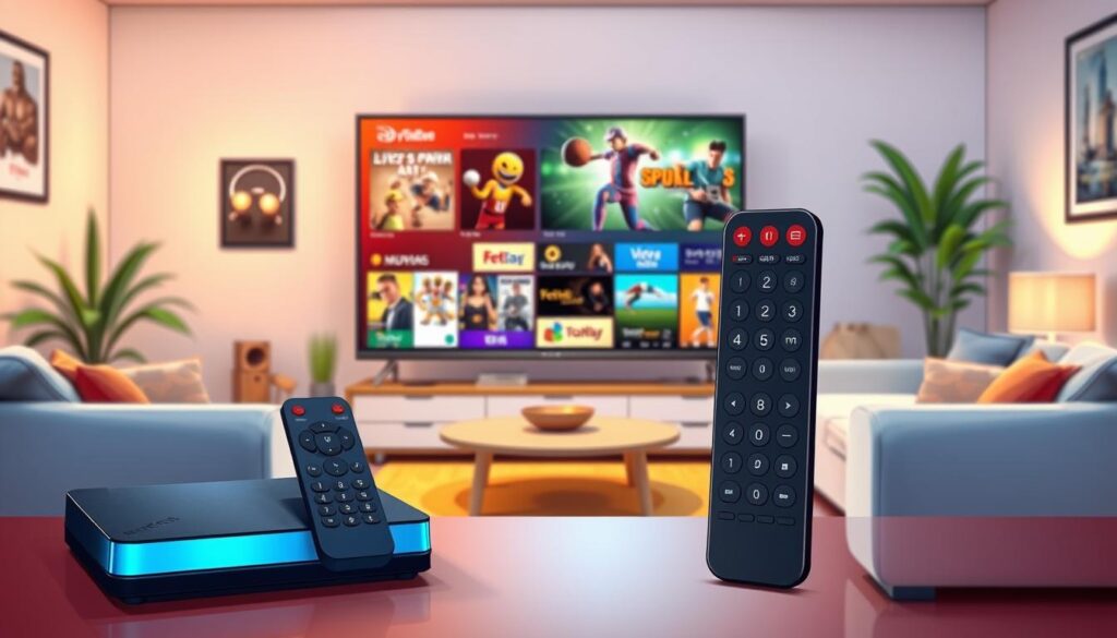 A vibrant, detailed illustration showcasing the features of an IPTVnator video streaming device. In the foreground, display a sleek IPTVnator device with illuminated buttons and a modern remote control, emphasizing its user-friendly design. In the middle ground, depict a large, high-definition television screen displaying colorful, dynamic content options such as movies, live sports, and TV shows. The background should feature a cozy living room environment with entertainment elements like a stylish couch and ambient lighting creating a warm atmosphere. Use soft, natural lighting to enhance the modern technology feel, and incorporate perspectives that invite viewers into the scene, showcasing the IPTVnator's versatility and entertainment capabilities.