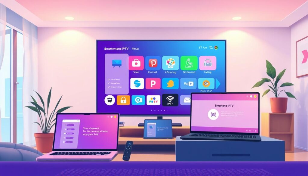 A vibrant digital illustration showcasing the key features and benefits of Smartone IPTV. In the foreground, display a sleek modern TV screen featuring a user-friendly interface with vivid icons representing various TV channels, video on demand, and streaming options. In the middle, incorporate elements like a smart remote control and a laptop displaying the Smartone IPTV setup interface. The background should feature a cozy living room setting, with soft, ambient lighting to create a warm and inviting atmosphere. Use a wide-angle perspective to capture a sense of depth, ensuring everything is well-composed and visually appealing. Emphasize a clean and modern aesthetic, reflecting the advanced technology of Smartone IPTV while maintaining a professional and engaging mood. A vibrant digital illustration showcasing the key features and benefits of Smartone IPTV. In the foreground, display a sleek modern TV screen featuring a user-friendly interface with vivid icons representing various TV channels, video on demand, and streaming options. In the middle, incorporate elements like a smart remote control and a laptop displaying the Smartone IPTV setup interface. The background should feature a cozy living room setting, with soft, ambient lighting to create a warm and inviting atmosphere. Use a wide-angle perspective to capture a sense of depth, ensuring everything is well-composed and visually appealing. Emphasize a clean and modern aesthetic, reflecting the advanced technology of Smartone IPTV while maintaining a professional and engaging mood.