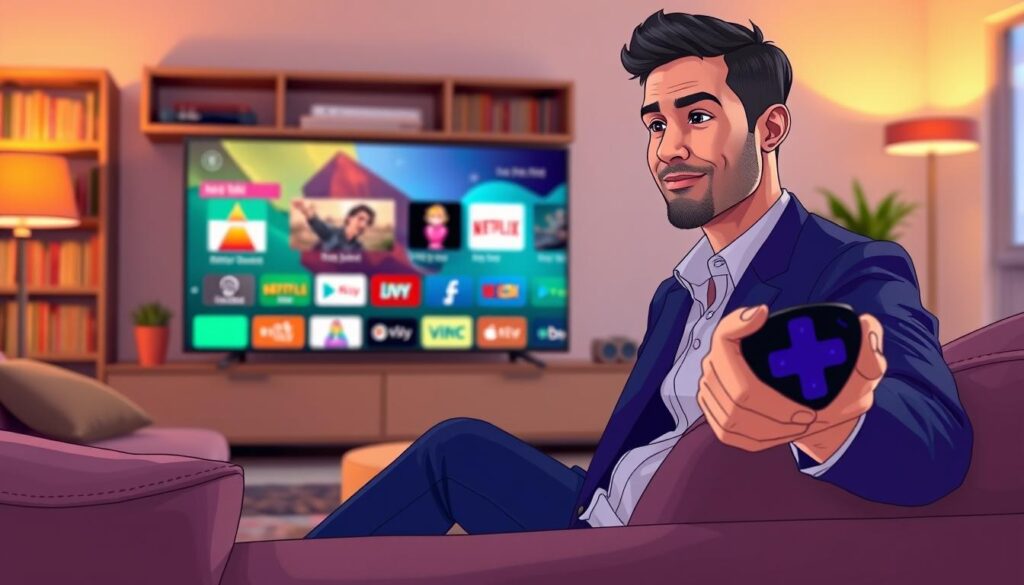 A vibrant living room scene showcasing a person selecting channels on a Roku device. In the foreground, a mid-30s male wearing a smart casual outfit is seated on a comfortable sofa, holding a Roku remote with a focused expression. The middle layer features a large flat-screen TV displaying a colorful user interface of streaming channels, with icons from various IPTV applications visible. The background includes a cozy bookshelf and warm lighting from a floor lamp, creating an inviting atmosphere. The image captures a modern home setup, emphasizing technology and leisure, with a soft focus on the Roku device to draw attention to the main subject of channel selection. The lighting is warm and natural, adding to the relaxed mood of the scene.