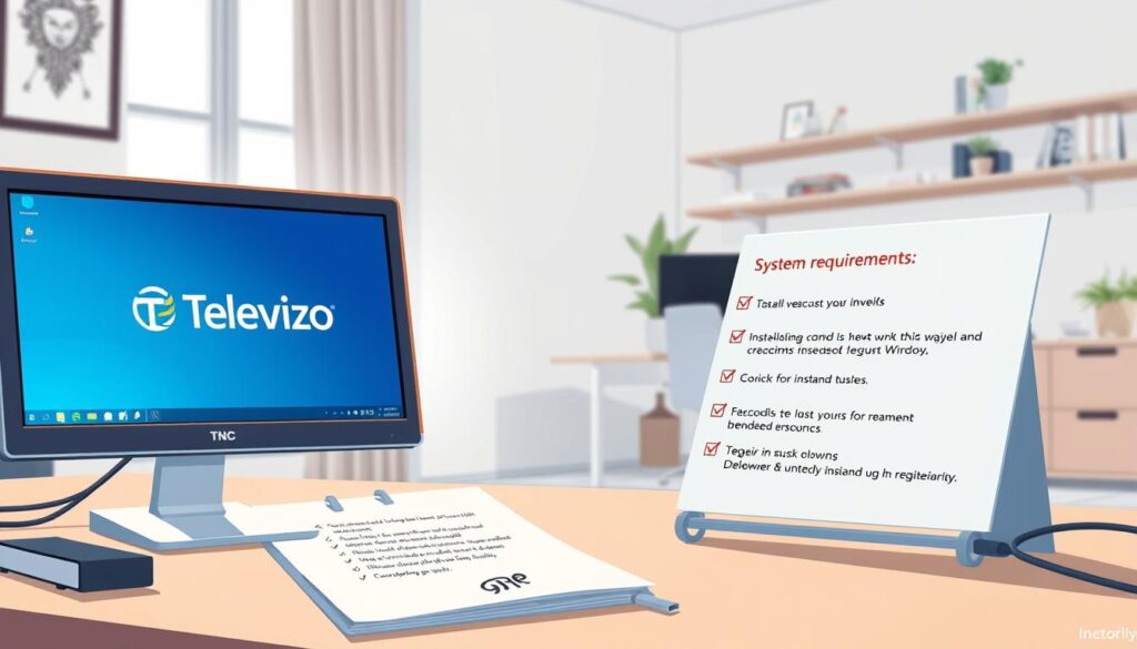 A visually engaging and informative illustration depicting the system requirements for installing Televizo on a Windows PC. In the foreground, display a sleek desktop computer setup with a monitor showcasing the Televizo logo. Beside the computer, include a notepad with a checklist of system requirements written in a clear, bullet-point format. The middle ground should feature a gentle glow from the computer's screen, casting soft light onto the environment, while a few technical items like an external hard drive and USB cables are placed around. The background should be a modern home office with minimalist decor, providing a clean and focused atmosphere. The mood is professional yet inviting, emphasizing readiness and organization for installation. Use soft lighting, a slightly angled camera view for depth, and ensure the composition is balanced.