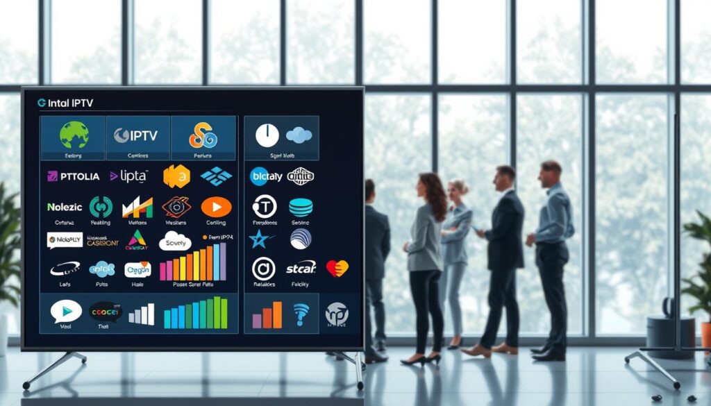 A visually engaging image representing a comparison of IPTV service providers. In the foreground, a sleek, modern digital interface displays vibrant charts and icons of popular IPTV logos, symbolizing a variety of service options. The middle ground features a diverse group of professionals (in professional business attire) gathered around a large screen, discussing and analyzing IPTV features. The background depicts a modern office space with large windows, allowing natural light to create a bright, inviting atmosphere. The overall mood is informative and collaborative, highlighting the theme of choices in the IPTV market, with soft lighting and a clean, organized layout. The perspective is slightly angled from above, capturing the dynamics of the discussion and the detailed interface.