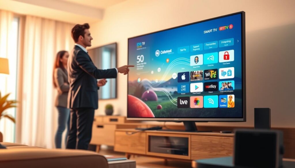 A visually striking illustration focusing on the integration of an IPTV service provider. In the foreground, a sleek smart TV displays a user-friendly interface filled with various streaming options and icons. To the left, a diverse group of two professionals, one in a business suit and the other in smart casual attire, are engaged in a discussion, pointing towards the TV as they review content integration concepts. In the middle ground, a vibrant digital landscape showcases a flowing stream of data and content symbols, representing the connection between the IPTV provider and the smart TV. The background features a modern living room setup with warm ambient lighting, highlighting a cozy and tech-savvy atmosphere. The lens captures the scene from a slight angle, emphasizing the interaction and engagement between the individuals and the technology.