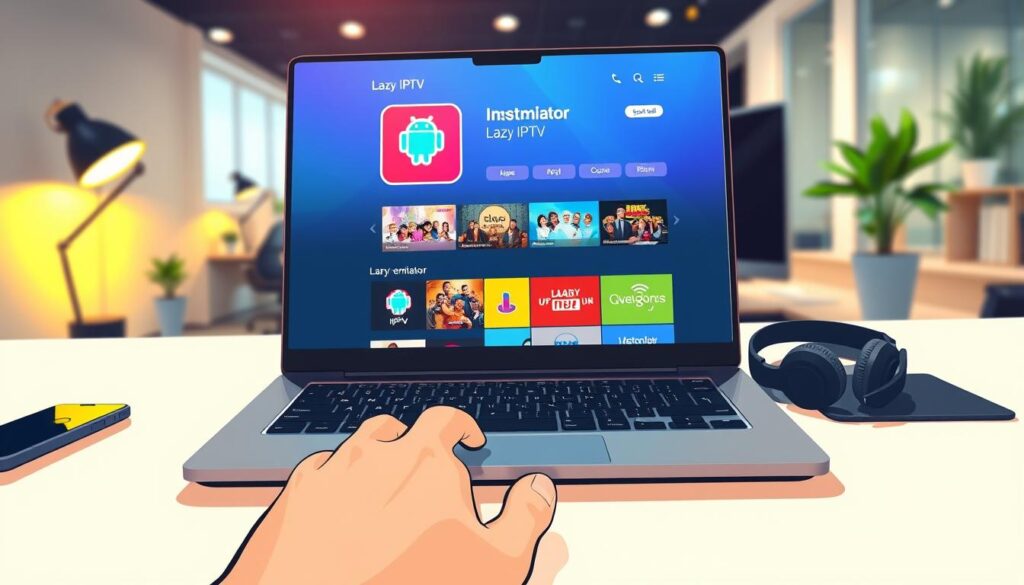 A vivid depiction of a digital workspace showcasing the installation of an Android emulator for Lazy IPTV. In the foreground, a sleek laptop with a bright screen displays the Android emulator interface, featuring the Lazy IPTV app in vibrant colors. A hand poised over the keyboard suggests active engagement. In the middle ground, a well-organized desktop with tech gadgets, such as a smartphone and headphones, enhances the tech-savvy atmosphere. The background features blurred elements of a modern office space, lightly illuminated by soft, warm lighting, creating an inviting mood. The scene conveys a sense of focus and productivity, emphasizing the seamless integration of technology into daily life. The angle is slightly above eye-level for an inclusive perspective, capturing the essence of a modern tech setup.