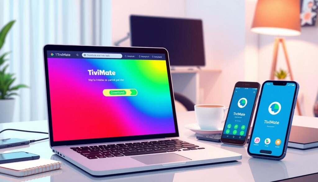 A vivid digital workspace depicting the process of downloading the TiviMate APK from a computer. In the foreground, a sleek laptop with a clear screen showing the TiviMate website, featuring vibrant colors and an 'Download' button highlighted. Surrounding the laptop, scattered tech accessories like a smartphone, and a notepad, emphasizing a tech-savvy environment. The middle layer includes a soft-focus coffee cup and a smartphone displaying the TiviMate app, hinting at installation. The background is softly blurred, showcasing a modern home office with gentle lighting, creating a productive and inviting atmosphere. The overall mood is focused and efficient, suitable for a tech-oriented article. The composition avoids any text overlays or distractions, ensuring clarity on the subject of APK download and installation.
