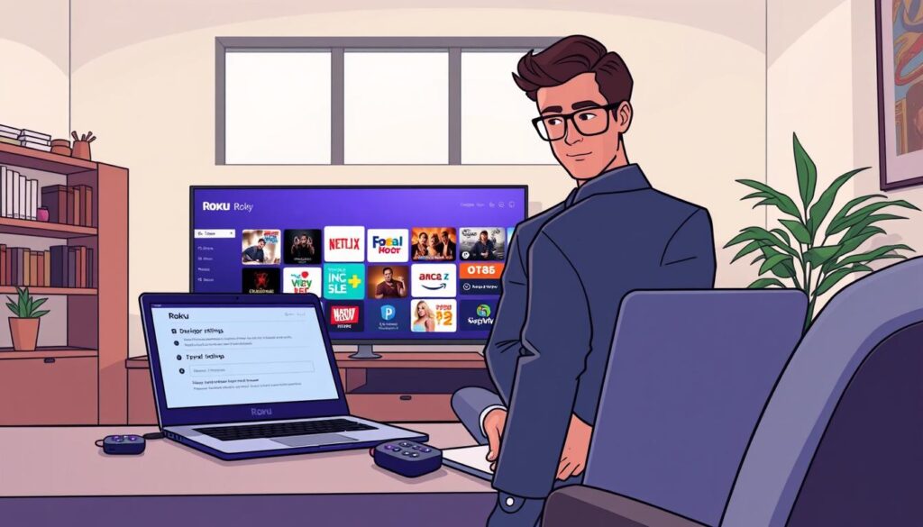 A well-lit home office scene featuring a Roku device prominently displayed on a modern TV stand. In the foreground, a user in professional business attire is focused on a laptop showing the Roku developer settings interface. The middle ground includes a large flat-screen TV displaying the Roku home screen with icons of streaming services. The background has soft, warm lighting, creating a welcoming atmosphere, with shelves filled with books and a potted plant adding a touch of greenery. The angle captures a slightly elevated view, emphasizing the interaction between the user and the technology, conveying a sense of guidance and support in the installation process. A well-lit home office scene featuring a Roku device prominently displayed on a modern TV stand. In the foreground, a user in professional business attire is focused on a laptop showing the Roku developer settings interface. The middle ground includes a large flat-screen TV displaying the Roku home screen with icons of streaming services. The background has soft, warm lighting, creating a welcoming atmosphere, with shelves filled with books and a potted plant adding a touch of greenery. The angle captures a slightly elevated view, emphasizing the interaction between the user and the technology, conveying a sense of guidance and support in the installation process.