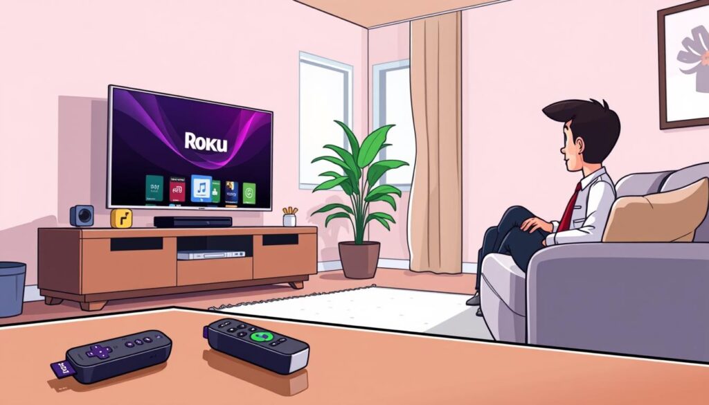 A well-lit living room scene featuring a modern Roku streaming device and a sleek television screen displaying the ibo player interface. In the foreground, there are a couple of remote controls laying on a stylish coffee table, and a person in professional business attire sitting comfortably on a couch, focused on the screen. The middle ground includes a vibrant plant and a soft rug, adding warmth to the atmosphere. In the background, a bright window lets in natural light, creating a cozy ambiance. The image conveys a mood of engaging technology use, with an emphasis on the simplicity of installing ibo player on Roku. The angle is slightly above eye level, providing a clear view of both the person and the TV screen.