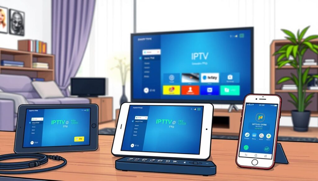 A well-organized workspace featuring an IPTV Smarters Pro setup, with a sleek smart TV displaying the IPTV interface. In the foreground, a modern tablet and a smartphone showcase the IPTV Smarters Pro application. The middle ground includes various necessary equipment such as HDMI cables, a Wi-Fi router, and a remote control neatly arranged. The background features a cozy living room ambiance, with soft natural light streaming in through a nearby window, enhancing the inviting atmosphere. The scene is framed from a slightly elevated angle to capture the workspace's details, creating a professional and informative mood. The overall image should convey preparation and readiness for setting up IPTV Smarters Pro effectively.