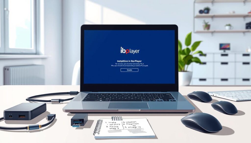 A well-organized workspace for the installation of Ibo Player on a Windows PC. In the foreground, a sleek laptop sits open, displaying the Ibo Player installation screen, illuminated by a soft blue light. Beside it, an external hard drive and USB stick are neatly arranged. In the middle ground, various computer components like a mouse, keyboard, and a notepad with installation steps are visible, reflecting a sense of preparation and focus. The background features a bright, uncluttered office setting with a minimalistic desk and a potted plant adding a touch of greenery. The atmosphere is professional and calm, with natural light streaming in from a nearby window, creating a serene workspace ambience that encourages productivity and attention to detail. A well-organized workspace for the installation of Ibo Player on a Windows PC. In the foreground, a sleek laptop sits open, displaying the Ibo Player installation screen, illuminated by a soft blue light. Beside it, an external hard drive and USB stick are neatly arranged. In the middle ground, various computer components like a mouse, keyboard, and a notepad with installation steps are visible, reflecting a sense of preparation and focus. The background features a bright, uncluttered office setting with a minimalistic desk and a potted plant adding a touch of greenery. The atmosphere is professional and calm, with natural light streaming in from a nearby window, creating a serene workspace ambience that encourages productivity and attention to detail.