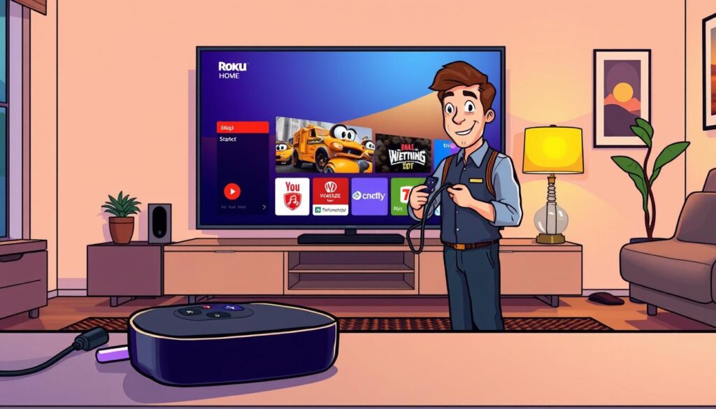 An organized and detailed step-by-step IPTV installation process on a Roku device, illustrated in a modern living room setting. The foreground features a Roku device prominently positioned on a sleek media console alongside a remote control. In the middle ground, a friendly technician in professional attire is shown carefully connecting cables, looking focused and diligent. The background displays a large television screen showcasing the Roku home interface with vibrant colors. Warm, ambient lighting creates a welcoming atmosphere, enhancing the homey feel. The angle is slightly above eye level, providing a comprehensive view of the entire installation scene, emphasizing clarity and instructional value. The mood is encouraging and informative, perfect for guiding users through the setup process.