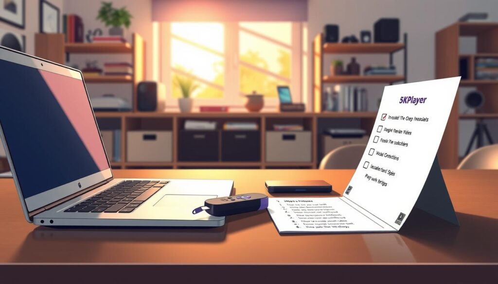 Detailed workspace setup for preparing to install 5KPlayer on a Roku device. In the foreground, a sleek, organized desk featuring a modern laptop, a Roku device, and a notepad with a checklist of installation steps. In the middle ground, a well-lit environment with natural light streaming through a window, casting soft shadows. Background includes a tidy shelf filled with tech-related books and gadgets. The atmosphere is professional and focused, evoking a sense of readiness and efficiency. Soft, warm lighting enhances the inviting feel, while a slightly blurred depth of field emphasizes the workspace items.