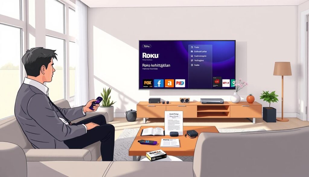 A bright, modern living room featuring a sleek, large flat-screen TV displaying the Roku menu interface, focusing on the activation of "Roku kehittäjätilan." In the foreground, a professional-looking individual, dressed in business casual attire, is sitting on a comfortable couch, intently using a remote control. The scene is well-lit with natural light streaming in through large windows, casting soft shadows and creating a warm atmosphere. In the middle ground, a stylish coffee table is adorned with tech gadgets and a user-friendly guide to setting up the Roku. The background showcases a minimalistic design with contemporary decor, emphasizing a cozy yet tech-savvy environment, encapsulating the mood of a simple and efficient home entertainment setup.