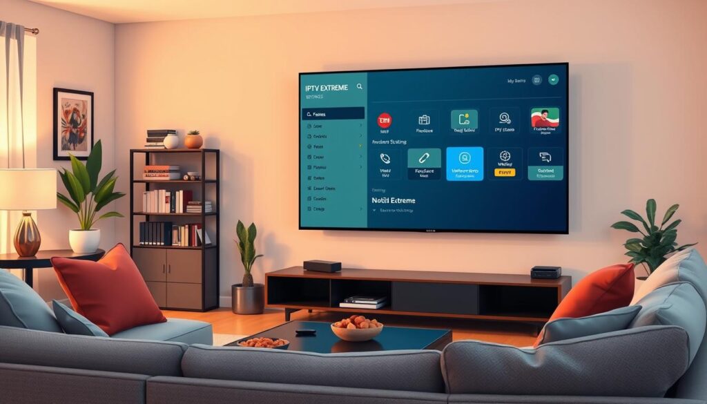A clean and modern user interface of the IPTV Extreme app displayed on a large Nvidia Shield TV screen in a cozy living room setting. In the foreground, a well-organized living room with a stylish sofa, a coffee table with snacks, and subtle decorative elements. The TV screen prominently shows the IPTV Extreme settings and features, with distinct icons and menus. Soft ambient lighting creates a warm atmosphere, highlighting the screen’s vibrant colors and smooth graphics. In the background, a bookshelf with entertainment media and indoor plants adds a touch of homeliness. The scene conveys a relaxed and inviting mood, emphasizing comfort and functionality in media consumption. The image is captured at a slight angle to enhance depth, creating an engaging visual experience. A clean and modern user interface of the IPTV Extreme app displayed on a large Nvidia Shield TV screen in a cozy living room setting. In the foreground, a well-organized living room with a stylish sofa, a coffee table with snacks, and subtle decorative elements. The TV screen prominently shows the IPTV Extreme settings and features, with distinct icons and menus. Soft ambient lighting creates a warm atmosphere, highlighting the screen’s vibrant colors and smooth graphics. In the background, a bookshelf with entertainment media and indoor plants adds a touch of homeliness. The scene conveys a relaxed and inviting mood, emphasizing comfort and functionality in media consumption. The image is captured at a slight angle to enhance depth, creating an engaging visual experience.