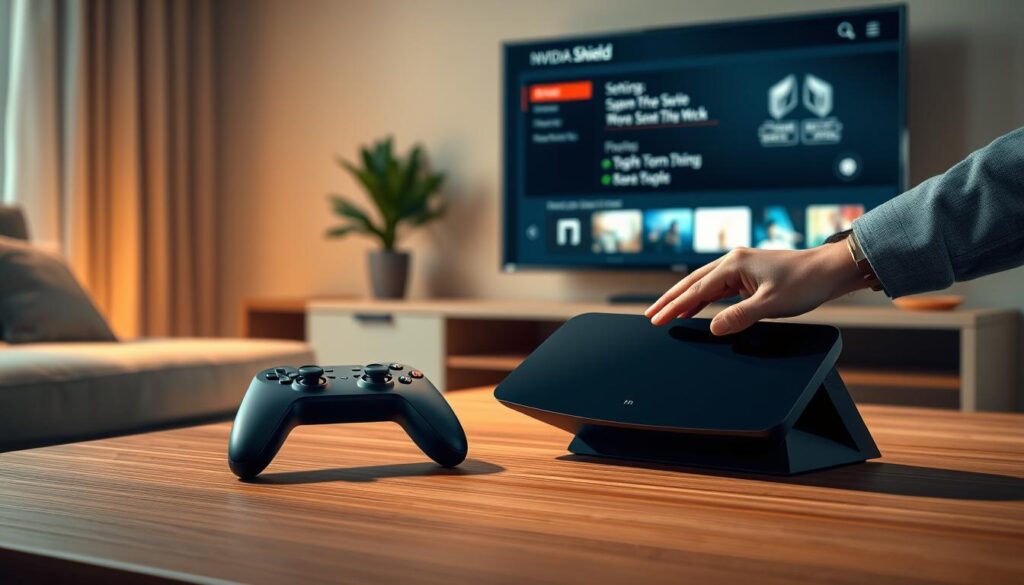 A close-up view of a modern Nvidia Shield console and its remote controller positioned elegantly on a sleek, minimalistic wooden table. The background showcases a softly lit living room environment, featuring a stylish TV stand with a mounted flat-screen TV displaying the Nvidia Shield interface. A cozy atmosphere is created using warm lighting, with a subtle depth of field highlighting the console in foreground while soft bokeh effects blur the background. Display a user hand, dressed in smart casual attire, interacting with the console's settings on the TV screen, emphasizing the theme of device preparation and basic setup. The overall mood should convey a sense of ease and high-tech sophistication, inviting readers into the world of enhanced media experiences. A close-up view of a modern Nvidia Shield console and its remote controller positioned elegantly on a sleek, minimalistic wooden table. The background showcases a softly lit living room environment, featuring a stylish TV stand with a mounted flat-screen TV displaying the Nvidia Shield interface. A cozy atmosphere is created using warm lighting, with a subtle depth of field highlighting the console in foreground while soft bokeh effects blur the background. Display a user hand, dressed in smart casual attire, interacting with the console's settings on the TV screen, emphasizing the theme of device preparation and basic setup. The overall mood should convey a sense of ease and high-tech sophistication, inviting readers into the world of enhanced media experiences.