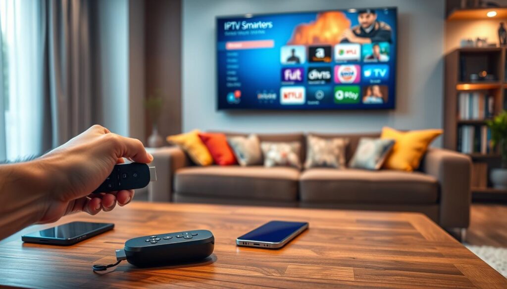 A close-up view of a modern living room featuring a Roku device connected to a sleek television screen displaying the IPTV Smarters application interface. In the foreground, include a hand inserting the Roku remote into a rich, wooden coffee table with tech gadgets like a smartphone and notebook. The middle ground showcases a cozy couch adorned with colorful cushions, contributing to a warm, inviting atmosphere. In the background, a softly lit room with ambient lighting creates a tranquil mood, highlighting a bookshelf with various entertainment options. The camera captures this scene with a shallow depth of field, emphasizing the Roku device and IPTV interface while softly blurring the background for a professional and polished look.