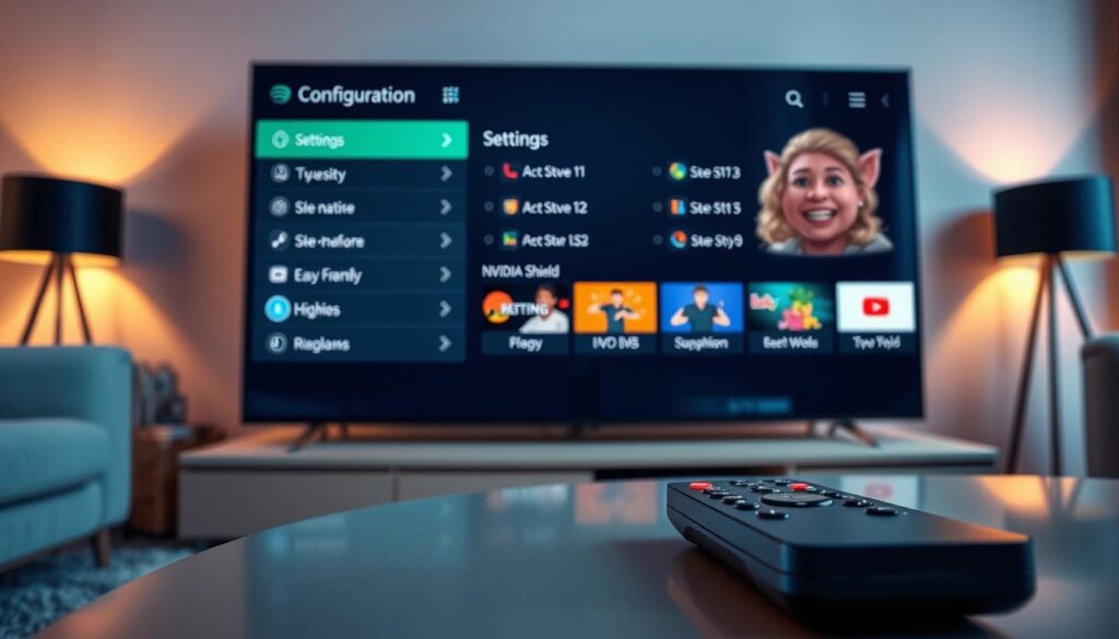 A close-up view of a modern television screen displaying the Lazy IPTV configuration settings interface, prominently featuring a sleek, user-friendly layout with colorful icons and easy-to-navigate menus. In the foreground, a glowing remote control rests on a stylish coffee table, hinting at a cozy living room setting. The middle ground showcases a well-organized media center with an NVIDIA Shield prominently displayed, surrounded by other streaming devices. In the background, soft ambient lighting creates a warm and inviting atmosphere, enhancing the home entertainment vibe. The scene captures a professional yet laid-back mood, emphasizing a smooth and enjoyable IPTV setup experience. Avoid any human figures to focus on the technology and its configuration. A close-up view of a modern television screen displaying the Lazy IPTV configuration settings interface, prominently featuring a sleek, user-friendly layout with colorful icons and easy-to-navigate menus. In the foreground, a glowing remote control rests on a stylish coffee table, hinting at a cozy living room setting. The middle ground showcases a well-organized media center with an NVIDIA Shield prominently displayed, surrounded by other streaming devices. In the background, soft ambient lighting creates a warm and inviting atmosphere, enhancing the home entertainment vibe. The scene captures a professional yet laid-back mood, emphasizing a smooth and enjoyable IPTV setup experience. Avoid any human figures to focus on the technology and its configuration.