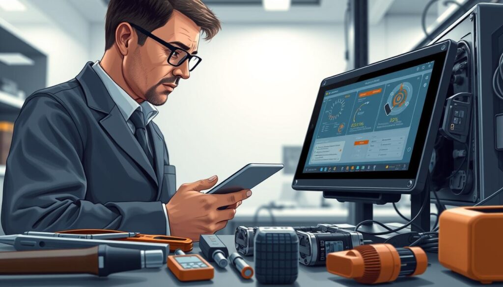 A close-up view of a technician in professional business attire, closely examining a Nanomid installation process on a sleek, modern interface. The technician, a middle-aged man with glasses, is using a digital tablet to troubleshoot common issues during the installation. In the foreground, various tools and diagnostic equipment are neatly arranged. The middle ground features a partially assembled Nanomid device with visible components, highlighting issues like misalignments or incorrect connections. In the background, a bright, sterile workshop environment with soft, diffused lighting enhances focus on the installation process. The mood is focused and professional, conveying a sense of problem-solving and technical expertise.