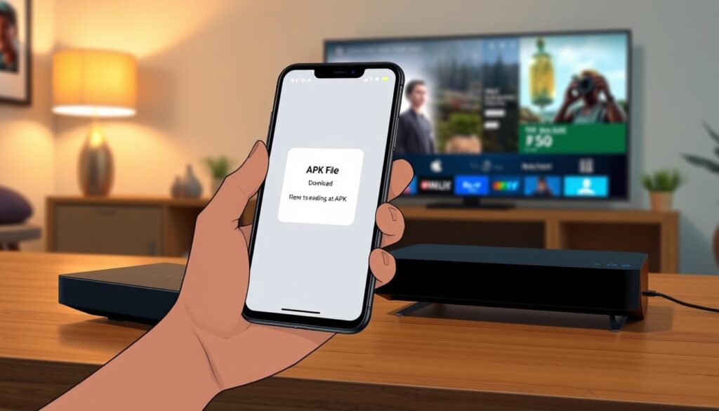A close-up view of an Nvidia Shield streaming device sitting on a modern wooden desk, with a mobile device displaying an APK file download screen. The foreground features a hand gently holding the mobile device while the background includes a softly lit room with a large TV displaying an IPTV interface. The ambient lighting is warm and inviting, creating a cozy atmosphere. The angle is slightly tilted downwards for a dynamic perspective. The overall mood is focused and instructional, emphasizing the process of sideloading an APK. There are no people visible, allowing the viewer to concentrate on the technology and process. Ensure that the image has a clean aesthetic, free of distractions, with no text or branding visible. A close-up view of an Nvidia Shield streaming device sitting on a modern wooden desk, with a mobile device displaying an APK file download screen. The foreground features a hand gently holding the mobile device while the background includes a softly lit room with a large TV displaying an IPTV interface. The ambient lighting is warm and inviting, creating a cozy atmosphere. The angle is slightly tilted downwards for a dynamic perspective. The overall mood is focused and instructional, emphasizing the process of sideloading an APK. There are no people visible, allowing the viewer to concentrate on the technology and process. Ensure that the image has a clean aesthetic, free of distractions, with no text or branding visible.
