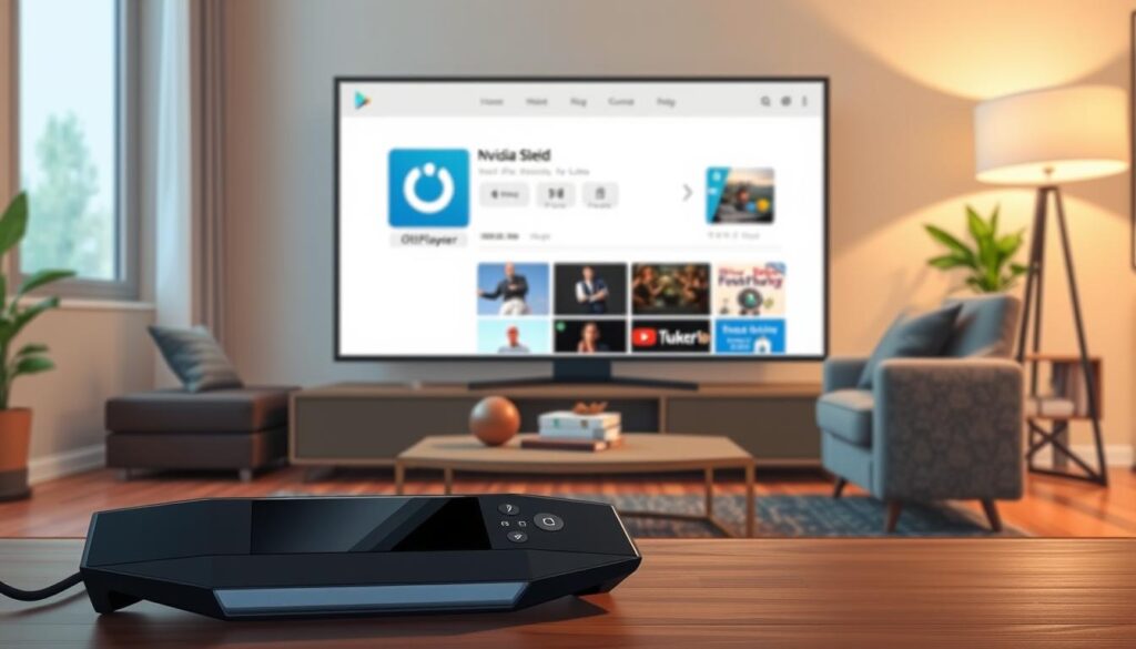 A contemporary home entertainment setup showcasing the Google Play Store interface as it appears on an Nvidia Shield. In the foreground, prominently display the Nvidia Shield device, with a remote control beside it. The middle ground features a large television screen displaying the OttPlayer app icon on the Google Play Store, emphasizing the installation process. The background should include a cozy living room ambiance with soft lighting, a stylish gray sofa, and a decorative coffee table. The scene captures a sense of modern technology integration in everyday life, reflecting a welcoming and tech-savvy atmosphere. Use warm tones to convey comfort, and ensure the focus is on the technology without text or distractions. A contemporary home entertainment setup showcasing the Google Play Store interface as it appears on an Nvidia Shield. In the foreground, prominently display the Nvidia Shield device, with a remote control beside it. The middle ground features a large television screen displaying the OttPlayer app icon on the Google Play Store, emphasizing the installation process. The background should include a cozy living room ambiance with soft lighting, a stylish gray sofa, and a decorative coffee table. The scene captures a sense of modern technology integration in everyday life, reflecting a welcoming and tech-savvy atmosphere. Use warm tones to convey comfort, and ensure the focus is on the technology without text or distractions.