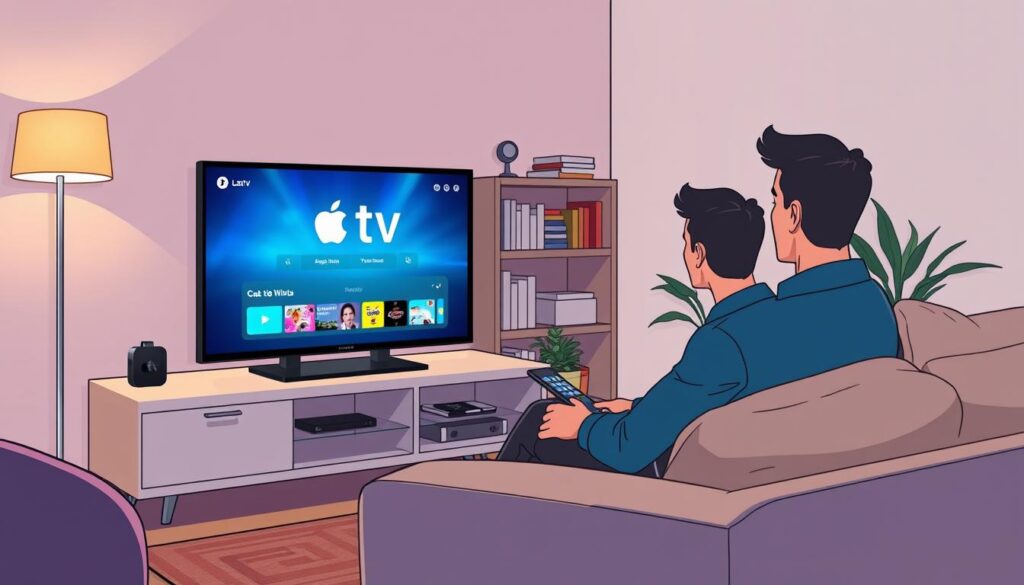 A cozy living room scene featuring a modern Apple TV on a sleek entertainment center, with a user sitting on a comfortable couch. The person, dressed in casual yet professional attire, is interacting with the Lazy IPTV app displayed on the screen, showing vivid streaming visuals. Soft, warm lighting creates a welcoming atmosphere, with a floor lamp in the corner casting gentle highlights. In the background, there are bookshelves filled with books and decorative items, and a subtle hint of a plant adds a touch of greenery. The camera angle is slightly above eye level, focusing on both the user and the TV screen, conveying a sense of ease and engagement in configuring IPTV settings. A cozy living room scene featuring a modern Apple TV on a sleek entertainment center, with a user sitting on a comfortable couch. The person, dressed in casual yet professional attire, is interacting with the Lazy IPTV app displayed on the screen, showing vivid streaming visuals. Soft, warm lighting creates a welcoming atmosphere, with a floor lamp in the corner casting gentle highlights. In the background, there are bookshelves filled with books and decorative items, and a subtle hint of a plant adds a touch of greenery. The camera angle is slightly above eye level, focusing on both the user and the TV screen, conveying a sense of ease and engagement in configuring IPTV settings.
