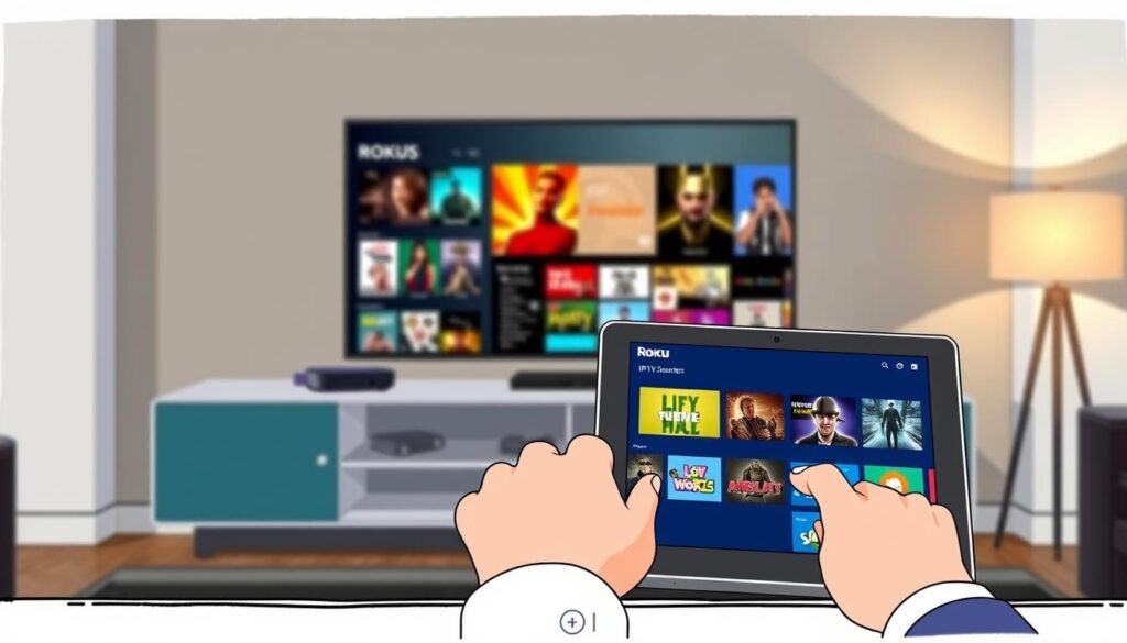 A cozy living room setting featuring a Roku streaming device prominently displayed on a modern television stand. In the foreground, a laptop or tablet open to the IPTV Smarters application interface. A pair of hands are shown navigating the app, with fingers poised on a touchscreen, dressed in smart casual attire. The middle ground features the television screen displaying vibrant images related to IPTV streaming, with colorful thumbnails of shows and movies. The background reveals soft ambient lighting from a lamp, creating a warm and inviting atmosphere. The room should have a contemporary design with minimalistic decor. The image conveys a sense of ease and accessibility in setting up IPTV services, evoking excitement about streaming content seamlessly. A cozy living room setting featuring a Roku streaming device prominently displayed on a modern television stand. In the foreground, a laptop or tablet open to the IPTV Smarters application interface. A pair of hands are shown navigating the app, with fingers poised on a touchscreen, dressed in smart casual attire. The middle ground features the television screen displaying vibrant images related to IPTV streaming, with colorful thumbnails of shows and movies. The background reveals soft ambient lighting from a lamp, creating a warm and inviting atmosphere. The room should have a contemporary design with minimalistic decor. The image conveys a sense of ease and accessibility in setting up IPTV services, evoking excitement about streaming content seamlessly.