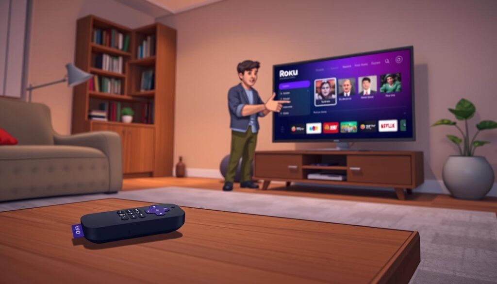 A cozy living room setting featuring a modern flat-screen TV displaying the Roku interface. In the foreground, a sleek Roku remote lies on a wooden coffee table surrounded by a lightly patterned rug. In the middle, a person in casual yet professional attire, demonstrating the activation of the "developer mode" on the Roku, pointing at the TV screen. The room is warmly lit with soft ambient lighting, creating a welcoming atmosphere. In the background, an inviting bookshelf filled with books and a small plant adds a touch of vibrancy. The image focuses on the interaction between the person and the TV, capturing the essence of technology in a home environment. A cozy living room setting featuring a modern flat-screen TV displaying the Roku interface. In the foreground, a sleek Roku remote lies on a wooden coffee table surrounded by a lightly patterned rug. In the middle, a person in casual yet professional attire, demonstrating the activation of the "developer mode" on the Roku, pointing at the TV screen. The room is warmly lit with soft ambient lighting, creating a welcoming atmosphere. In the background, an inviting bookshelf filled with books and a small plant adds a touch of vibrancy. The image focuses on the interaction between the person and the TV, capturing the essence of technology in a home environment.