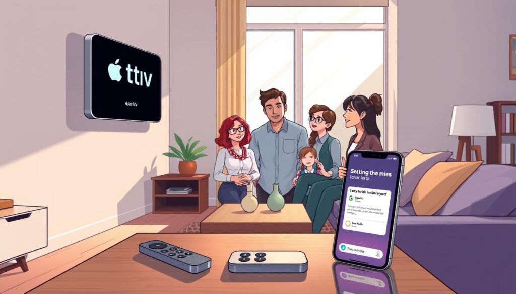 A cozy living room setting with an Apple TV mounted on a sleek wall, displaying the ibo player interface on the screen. In the foreground, a modern coffee table is adorned with a remote control and a smartphone showing a step-by-step installation guide. A light source from a large window casts soft, natural light across the room, creating an inviting atmosphere. In the middle ground, a family is depicted, wearing casual yet professional attire, engaged in the process of setting up the Apple TV, looking intrigued and focused. The background features stylish decor, with a potted plant and a bookshelf, enhancing the homey feel, while maintaining a clear and organized ambiance. Capture the essence of teamwork and modern technology seamlessly integrated into daily life.