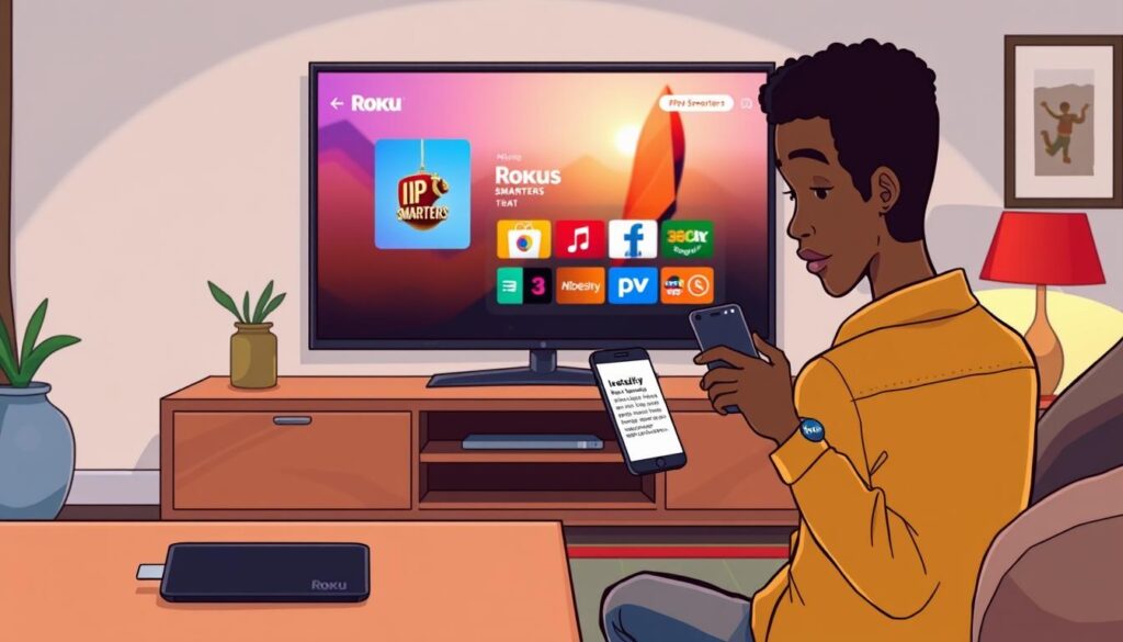 A cozy living room setup featuring a modern Roku streaming device prominently displayed on a sleek, wooden entertainment center. In the foreground, a person of diverse descent, dressed in casual yet stylish attire, is intently following instructions on a smartphone to install the IPTV Smarters application. The middle ground shows a large flat-screen TV displaying a vibrant, colorful interface of the Roku homepage, hinting at IPTV Smarters. The background is softly lit with warm ambiance, suggesting a relaxed evening atmosphere. The lighting is bright yet soft, creating a welcoming environment. The scene captures a sense of focus and engagement, ideal for illustrating the installation process.