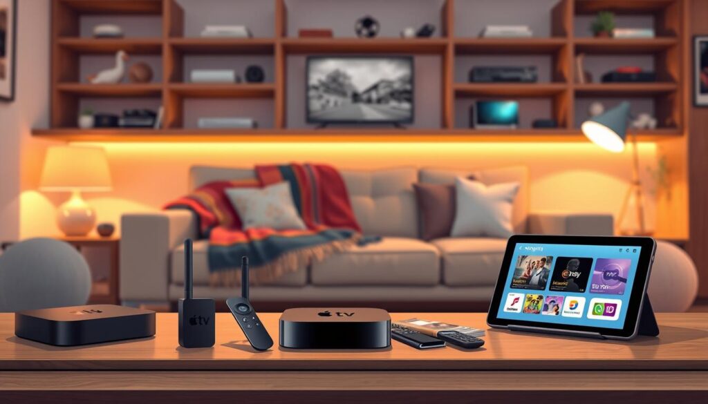 A cozy living room setup featuring an Apple TV and various essential internet devices. In the foreground, stylishly arranged modern electronics, including the Apple TV, a sleek router, and a tablet displaying streaming options. In the middle, a comfortable sofa with a vibrant throw blanket, small accent cushions, and a coffee table scattered with remote controls and tech magazines. The background shows a softly lit entertainment center with shelves showcasing smart devices and subtle decorative elements. Soft, warm lighting creates an inviting atmosphere, while a wide-angle view captures the entire cozy scene. Aim for a clean, professional look that highlights the integration of technology in a home environment, conveying ease of use and accessibility for installing IPTV solutions.