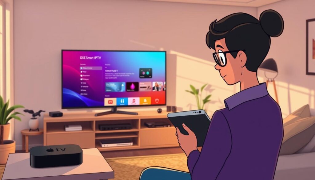 A cozy, modern living room featuring a sleek Apple TV on a stylish entertainment center. In the foreground, a person in smart casual attire is focused on a tablet, troubleshooting GSE Smart IPTV settings. The middle ground showcases the Apple TV and the television displaying the GSE Smart IPTV interface, highlighting an interface with vivid colors and options. Soft, warm lighting casts an inviting atmosphere, with natural sunlight filtering through a window. The background includes minimalist decor with plants and tech accessories, evoking a sense of a well-designed, tech-savvy home environment. The overall mood should be one of concentration and solution-finding amidst a smart, comfortable space.
