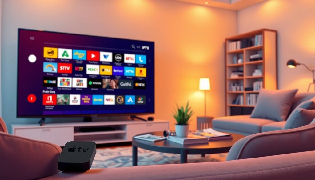 A detailed image of an IPTV EPG (Electronic Program Guide) playlist management interface displayed on an Apple TV screen. In the foreground, the sleek Apple TV remote rests beside a modern television, with the screen showcasing a vibrant, colorful grid of TV channels and program titles. The middle ground emphasizes a cozy living room environment, with soft, ambient lighting that creates a warm and inviting atmosphere. A stylish coffee table holds a few tech magazines and a small potted plant for added detail. In the background, a minimalist bookshelf filled with books and a subtle hint of exercise equipment suggests a balanced lifestyle. The focus should be on clarity and organization of the EPG layout, conveying a sense of efficiency and ease of use in managing playlists. A detailed image of an IPTV EPG (Electronic Program Guide) playlist management interface displayed on an Apple TV screen. In the foreground, the sleek Apple TV remote rests beside a modern television, with the screen showcasing a vibrant, colorful grid of TV channels and program titles. The middle ground emphasizes a cozy living room environment, with soft, ambient lighting that creates a warm and inviting atmosphere. A stylish coffee table holds a few tech magazines and a small potted plant for added detail. In the background, a minimalist bookshelf filled with books and a subtle hint of exercise equipment suggests a balanced lifestyle. The focus should be on clarity and organization of the EPG layout, conveying a sense of efficiency and ease of use in managing playlists.