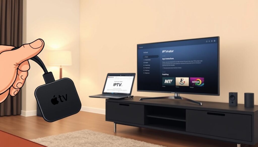 A detailed, step-by-step installation process of the IPTV app "IPTVnator" on an Apple TV. In the foreground, a sleek, modern living room setup shows a hand connecting the Apple TV to a television with an HDMI cable. The Apple TV is prominently displayed on a stylish media console, showcasing both the device and the television screen, which displays the IPTVnator interface. In the middle ground, a laptop is open, displaying a website with installation instructions. In the background, soft ambient lighting creates a warm atmosphere. The scene is captured with a slightly elevated angle, highlighting the smart home feel, emphasizing technology integration and user-friendly design. The mood is focused, encouraging a sense of convenience and simplicity in the installation process.