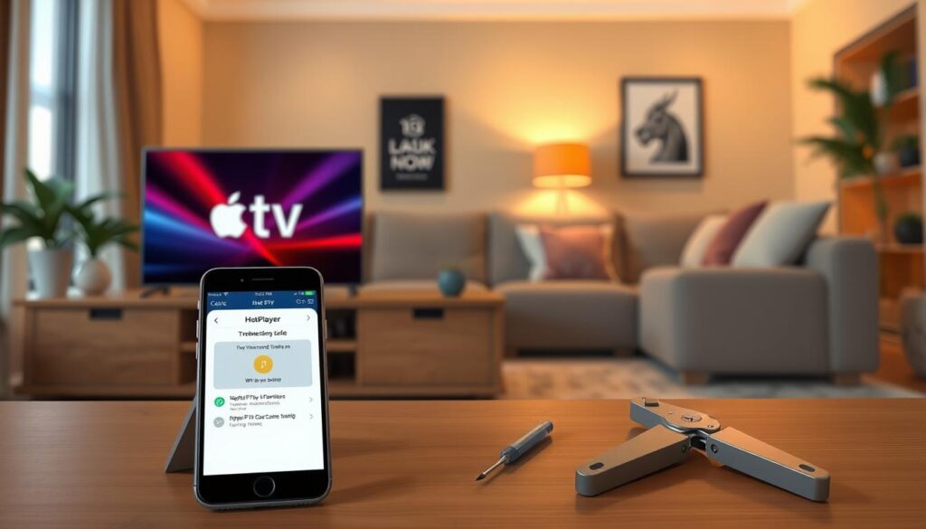 A focused scene depicting a troubleshooting setup for the HotPlayer application on an Apple TV. In the foreground, a sleek, modern Apple TV unit sits on a wooden entertainment center, displaying the HotPlayer interface with vivid colors. Next to it, a smartphone is showing a troubleshooting guide, with visible connection icons related to Wi-Fi and streaming. In the middle ground, a set of tools like a small screwdriver and a wire cutter is neatly arranged, signifying DIY troubleshooting tasks. The background features a softly lit living room with cozy furnishings and warm ambient lighting, creating a calm and inviting atmosphere. The image should capture a feeling of efficiency and readiness, encouraging viewers to tackle setup challenges confidently. A focused scene depicting a troubleshooting setup for the HotPlayer application on an Apple TV. In the foreground, a sleek, modern Apple TV unit sits on a wooden entertainment center, displaying the HotPlayer interface with vivid colors. Next to it, a smartphone is showing a troubleshooting guide, with visible connection icons related to Wi-Fi and streaming. In the middle ground, a set of tools like a small screwdriver and a wire cutter is neatly arranged, signifying DIY troubleshooting tasks. The background features a softly lit living room with cozy furnishings and warm ambient lighting, creating a calm and inviting atmosphere. The image should capture a feeling of efficiency and readiness, encouraging viewers to tackle setup challenges confidently.