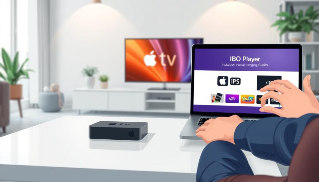 A modern Apple TV setup in a cozy living room, featuring a sleek, stylish coffee table with an open laptop displaying the IBO Player installation guide. The focus is on the laptop screen, showing vibrant graphics of the installation process. In the foreground, a pair of hands are seen interacting with the laptop, wearing smart casual attire. The middle ground includes a contemporary TV setup with the Apple TV prominently displayed, showcasing its elegant design. The background features soft, ambient lighting that creates a warm and inviting atmosphere, with subtle decorative elements like potted plants and bookshelves. The overall mood is focused and professional, emphasizing a tech-savvy environment conducive to installation tasks.