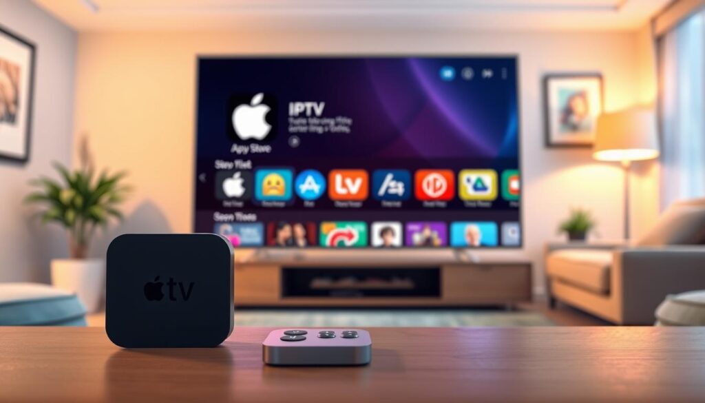 A modern digital illustration showcasing the selection of IPTV applications in the App Store on an Apple TV interface. In the foreground, a sleek Apple TV device is prominently displayed, with a remote control nearby. The middle ground focuses on a vibrant television screen showcasing the App Store interface, featuring various IPTV application icons with colorful designs and easy-to-recognize symbols. The background is softly blurred, depicting a cozy living room with ambient lighting, including a stylish sofa and decorative elements that evoke a relaxed atmosphere. The lighting is warm and inviting, creating an engaging, tech-savvy mood. A close-up angle enhances the focus on the device screen, capturing the experience of browsing apps seamlessly.