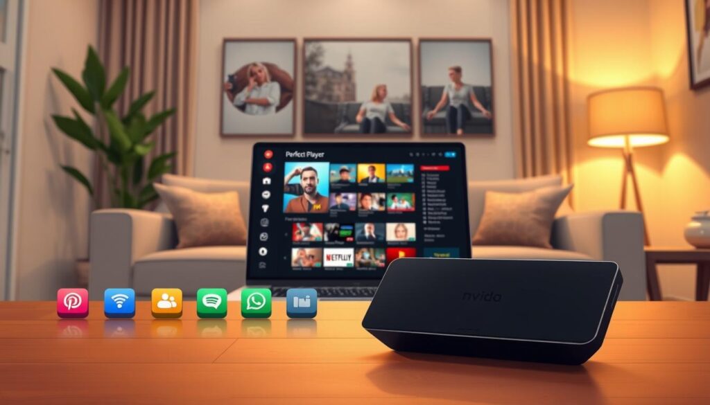 A modern digital workspace featuring a sleek Nvidia Shield streaming device prominently displayed in the foreground. Surrounding it, an array of vibrant app icons representing Perfect Player’s key features: a user-friendly interface, high-quality video playback, and customizable settings. In the middle ground, a laptop with a detailed interface showcasing the Perfect Player application on the screen, illuminated by soft, ambient lighting that creates a tech-savvy atmosphere. The background features a stylish home setting with a cozy couch and subtle decorative elements, creating a relaxed environment conducive to media consumption. Use a warm color palette to evoke a welcoming mood, with a focus on clarity and brightness. The angle should be slightly tilted downwards to emphasize the Nvidia Shield and the layout of the digital workspace, providing a professional yet inviting aesthetic.