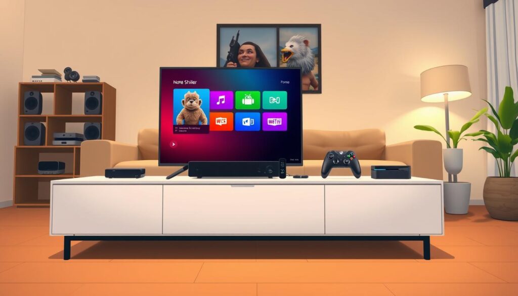 A modern home entertainment setup featuring the Nvidia Shield prominently displayed on a sleek media console. The foreground shows a user-friendly interface of the BOB player on a vivid screen with bright colors. In the middle, there are various tech gadgets like a soundbar, remote controls, and a gaming controller neatly arranged. The background displays a cozy living room environment, with soft lighting illuminating the space, creating a warm and inviting atmosphere. Use a wide-angle lens to capture the entire scene, focusing on the harmony between the equipment and the surroundings. The mood is tech-savvy and modern, emphasizing connectivity and readiness for media enjoyment.