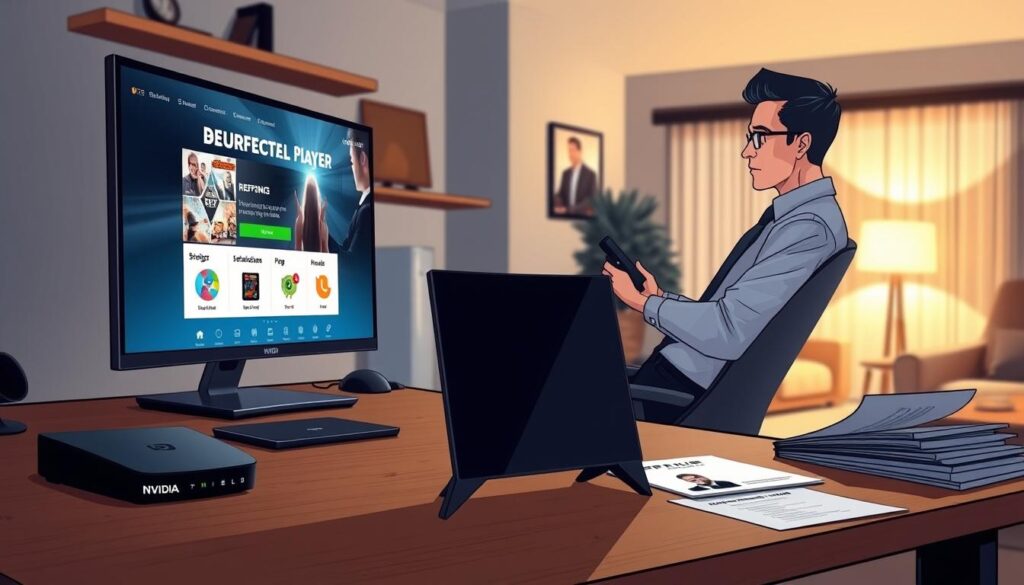 A modern home office setup featuring a sleek NVIDIA Shield device prominently on a wooden desk, with the Perfect Player application displayed on a large monitor. In the foreground, a focused individual in professional attire, seated in a comfortable ergonomic chair, is engaged with the device, using a remote control. The middle ground includes a bright LED desk lamp illuminating the workspace, while reference manuals and installation guides are neatly arranged nearby. In the background, a cozy living room setting is visible with soft, focused lighting creating a warm atmosphere. The overall mood conveys a sense of productivity and modern technology integration, ideal for a tech article illustration. The image should be bright and inviting, with a clean, professional aesthetic.