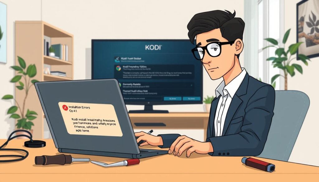 A modern home office setup focused on troubleshooting installation issues. In the foreground, a professional-looking individual in smart casual attire is seated at a desk, intently examining a laptop screen displaying Kodi installation errors. There are scattered tools like a screwdriver and a cable, symbolizing issues being addressed. In the middle ground, a large monitor shows a user-friendly interface of Kodi with highlighted error messages and solutions. The background features shelves with tech manuals, a potted plant for a touch of warmth, and soft, diffused natural light streaming in through a nearby window, creating a calm yet focused atmosphere. The angle is slightly above eye-level, capturing the scene in a clean, organized layout, evoking a sense of productivity and problem-solving. A modern home office setup focused on troubleshooting installation issues. In the foreground, a professional-looking individual in smart casual attire is seated at a desk, intently examining a laptop screen displaying Kodi installation errors. There are scattered tools like a screwdriver and a cable, symbolizing issues being addressed. In the middle ground, a large monitor shows a user-friendly interface of Kodi with highlighted error messages and solutions. The background features shelves with tech manuals, a potted plant for a touch of warmth, and soft, diffused natural light streaming in through a nearby window, creating a calm yet focused atmosphere. The angle is slightly above eye-level, capturing the scene in a clean, organized layout, evoking a sense of productivity and problem-solving.