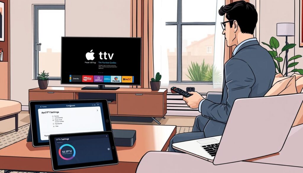 A modern living room featuring a sleek Apple TV prominently displayed on a stylish entertainment unit. The foreground shows an individual, dressed in professional attire, intently configuring the SS IPTV application on the TV using a remote. The middle ground includes a coffee table with tech gadgets, like a tablet displaying IPTV settings, and a laptop with an open configuration guide. In the background, there are cozy elements like a large window with natural light filtering in, soft couch cushions, and a subtle indoor plant for a touch of warmth. The scene is well-lit, creating a bright, engaging atmosphere, focusing on the theme of technology and ease of use in home entertainment. A modern living room featuring a sleek Apple TV prominently displayed on a stylish entertainment unit. The foreground shows an individual, dressed in professional attire, intently configuring the SS IPTV application on the TV using a remote. The middle ground includes a coffee table with tech gadgets, like a tablet displaying IPTV settings, and a laptop with an open configuration guide. In the background, there are cozy elements like a large window with natural light filtering in, soft couch cushions, and a subtle indoor plant for a touch of warmth. The scene is well-lit, creating a bright, engaging atmosphere, focusing on the theme of technology and ease of use in home entertainment.