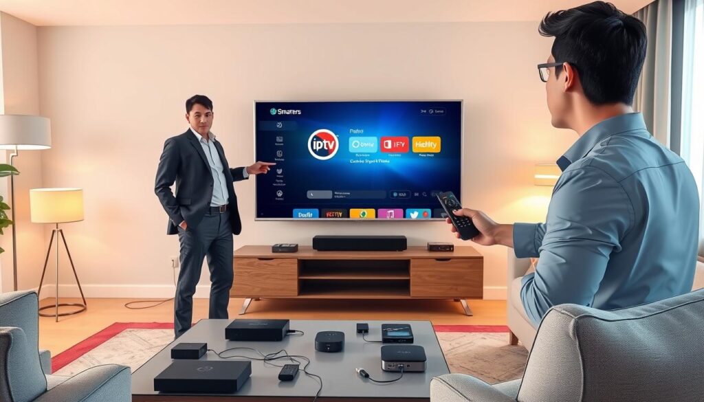 A modern living room featuring a sleek TV stand with a smart TV displaying the IPTV Smarters application interface. In the foreground, a professional-looking individual in business casual attire is setting up the IPTV service on the TV using a remote control, showcasing a focused expression. The middle ground includes a stylish coffee table with various streaming devices and cables neatly organized. The background shows a cozy setting with soft, warm lighting emanating from floor lamps and natural light streaming in through a window, creating an inviting atmosphere. The angle is slightly elevated, providing a comprehensive view of the scene, emphasizing the home technology installation process, conveying a sense of ease and modernity.