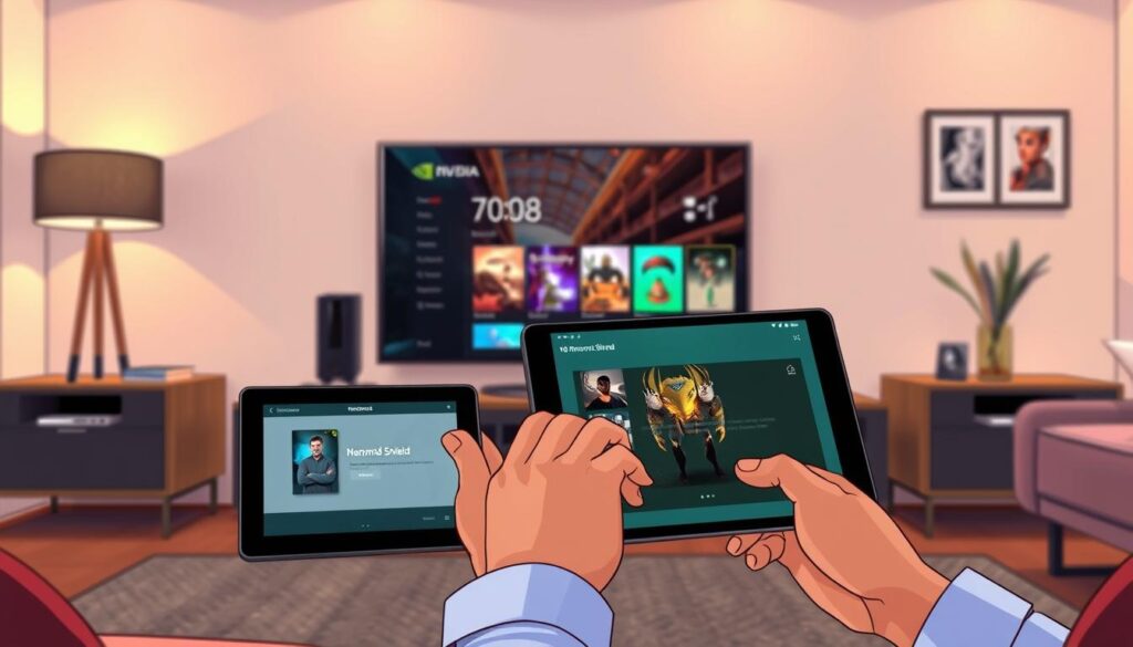 A modern living room featuring a stylish setup with an Nvidia Shield streaming device prominently displayed on a sleek media console. In the foreground, hands are actively working on a tablet with a well-designed user interface, showing the installation process of the Nanomid app. The middle ground contains a large flat-screen TV displaying vibrant visuals of the Nvidia Shield interface. Soft, warm ambient lighting illuminates the space, creating a cozy atmosphere. The background features minimalistic furniture and subtle tech-related decor that enhances the focus on the installation. Capture this scene from a slightly elevated angle to emphasize the action and technology, with a depth of field that keeps the focus on the tablet and the Nvidia Shield.