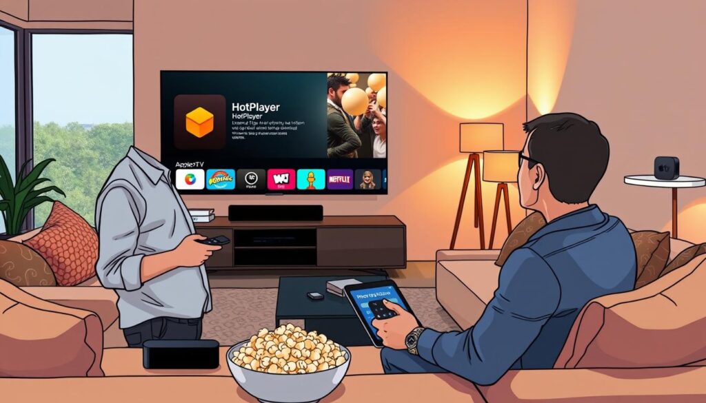 A modern living room featuring an Apple TV displaying the HotPlayer interface on a stylish flat-screen. In the foreground, a focused individual, dressed in smart casual attire, interacts with the Apple TV remote, analyzing tips for an optimal viewing experience. The middle ground showcases a comfortable sofa adorned with cozy cushions; a sleek coffee table holds a bowl of popcorn and a tablet displaying additional streaming options. The background reveals warm, ambient lighting from stylish lamps casting a soft glow, and a large window allows natural light to filter in, enhancing the inviting atmosphere. Capture a sense of relaxation and enjoyment, making the viewer feel enticed to enhance their own home entertainment setup. A modern living room featuring an Apple TV displaying the HotPlayer interface on a stylish flat-screen. In the foreground, a focused individual, dressed in smart casual attire, interacts with the Apple TV remote, analyzing tips for an optimal viewing experience. The middle ground showcases a comfortable sofa adorned with cozy cushions; a sleek coffee table holds a bowl of popcorn and a tablet displaying additional streaming options. The background reveals warm, ambient lighting from stylish lamps casting a soft glow, and a large window allows natural light to filter in, enhancing the inviting atmosphere. Capture a sense of relaxation and enjoyment, making the viewer feel enticed to enhance their own home entertainment setup.