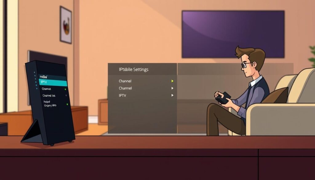 A modern living room featuring an Nvidia Shield streaming device prominently on a sleek TV stand. In the foreground, an animated digital interface displays IPTV settings, including channel lists and configuration options. The middle ground showcases a stylish sofa with a tech-savvy individual, dressed in smart casual attire, focused on configuring the IPTV service using a remote control. The background reveals a large flat-screen TV, elegantly mounted on the wall, casting soft ambient lighting that enhances the high-tech atmosphere. The scene is well-lit with warm tones, creating a cozy yet modern feel, conveying a sense of ease and sophistication in setting up IPTV on the Nvidia Shield.